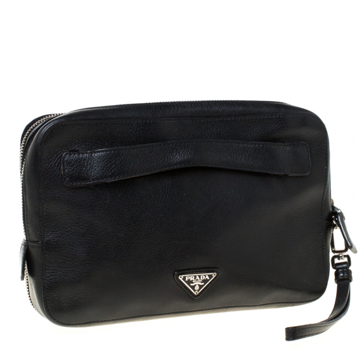 Pre Owned Prada Black Leather Travel Clutch