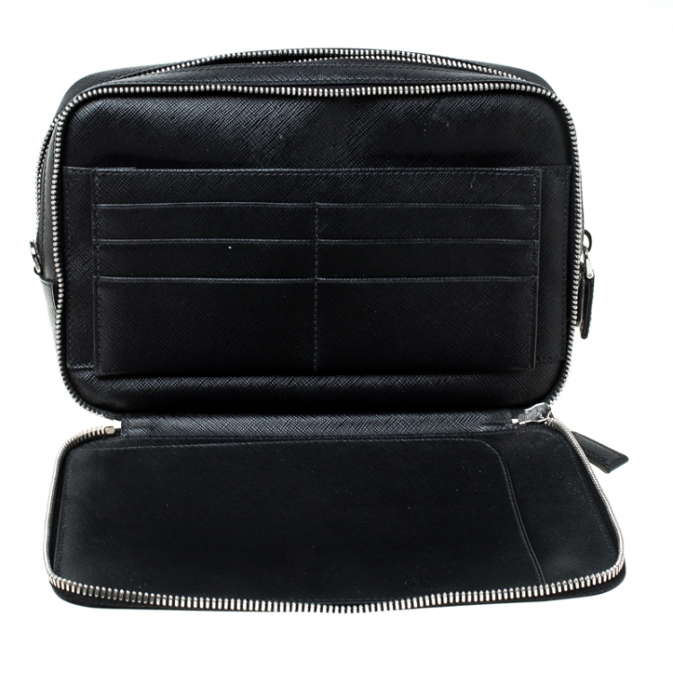 Pre Owned Prada Black Saffiano Leather Studded Travel Pouch