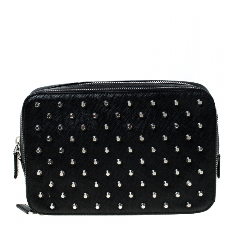 Pre Owned Prada Black Saffiano Leather Studded Travel Pouch