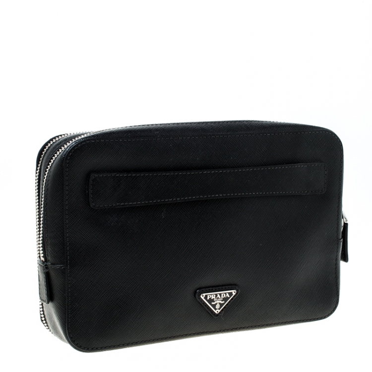 Pre Owned Prada Black Saffiano Leather Studded Travel Pouch