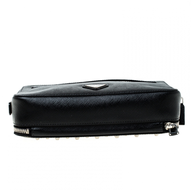 Pre Owned Prada Black Saffiano Leather Studded Travel Pouch