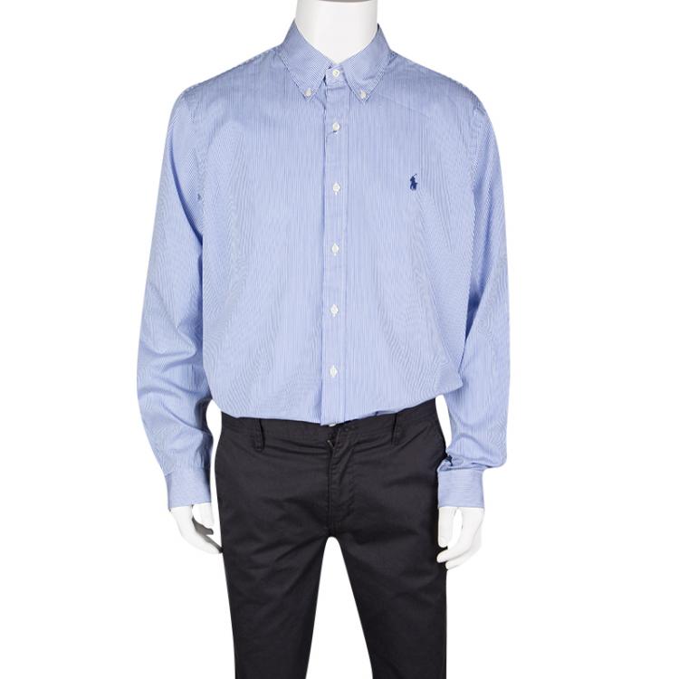 Pre Owned Ralph Lauren Blue and White Striped Cotton Long Sleeve Button Front Shirt XL
