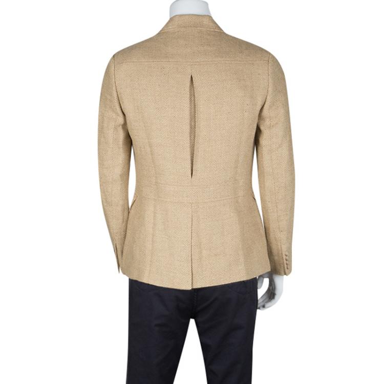 Pre Owned Ralph Lauren Beige Herringbone Weave Linen Blend Two Button Blazer L
