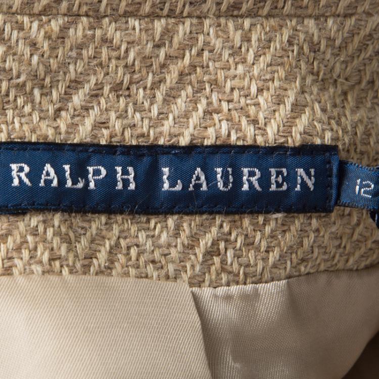 Pre Owned Ralph Lauren Beige Herringbone Weave Linen Blend Two Button Blazer L