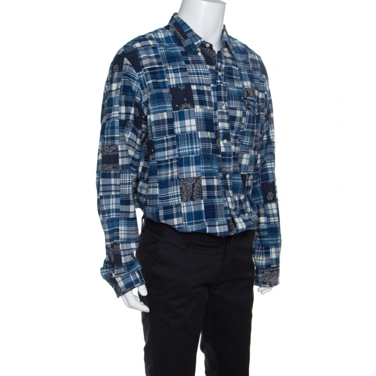 Pre Owned Ralph Lauren Indigo Checked Patch Work Detail Long Sleeve Shirt XXL