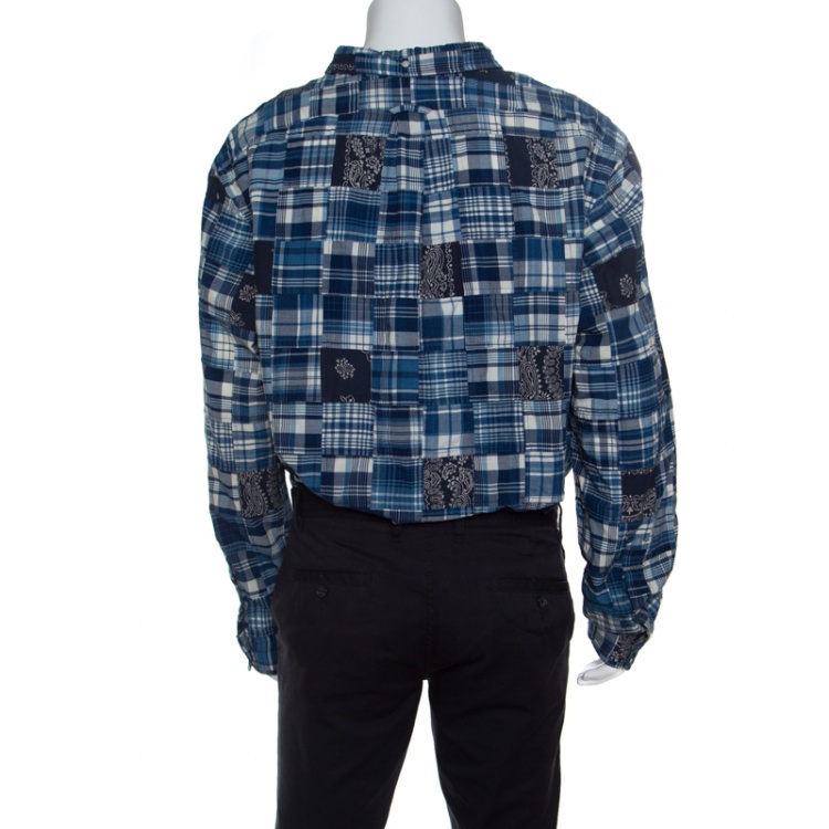 Pre Owned Ralph Lauren Indigo Checked Patch Work Detail Long Sleeve Shirt XXL