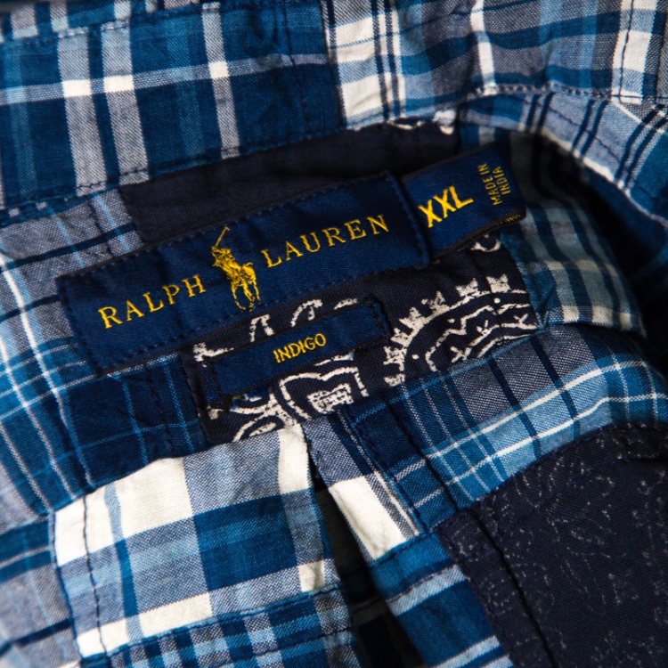 Pre Owned Ralph Lauren Indigo Checked Patch Work Detail Long Sleeve Shirt XXL