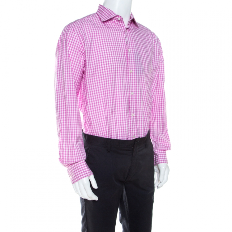 Pre Owned Ralph Lauren Pink and White Gingham Checked Cotton Aston Button Front Shirt XXL