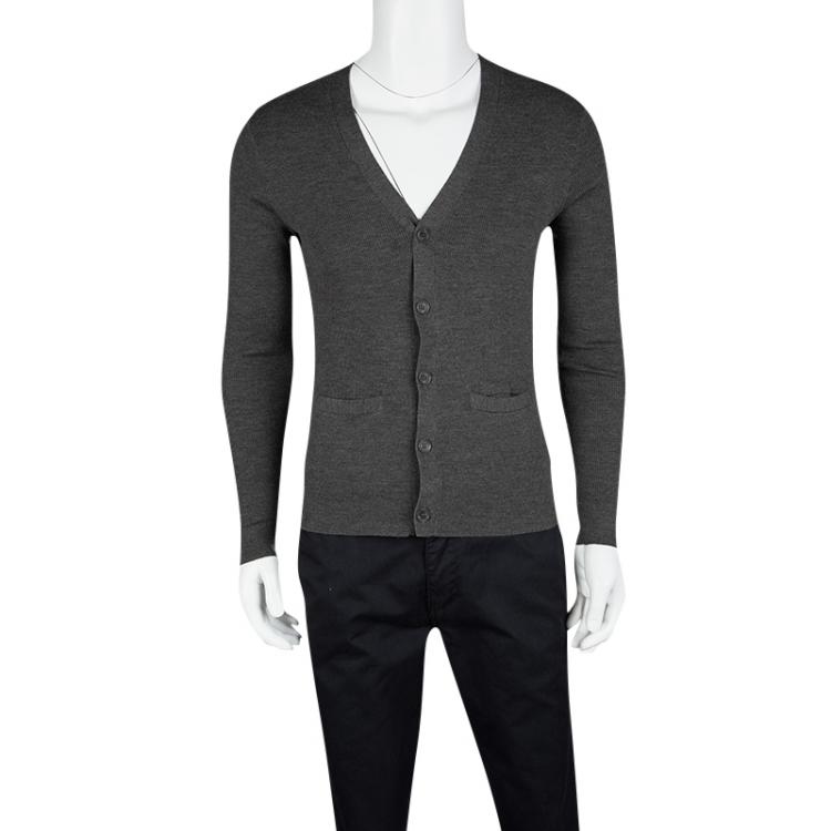 Pre Owned Ralph Lauren Grey Merino Wool Rib Knit Cardigan M