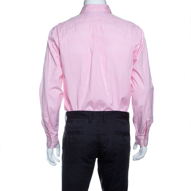 Pre Owned Ralph Lauren Pink and White Striped Cotton Button Down Custom Fit Shirt M