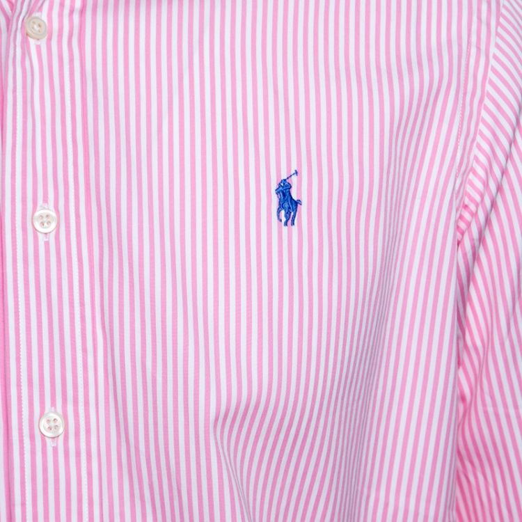 Pre Owned Ralph Lauren Pink and White Striped Cotton Button Down Custom Fit Shirt M