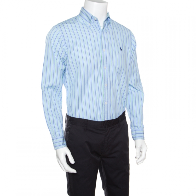 Pre Owned Ralph Lauren Blue Striped Cotton Long Sleeve Button Front Custom Fit Shirt M