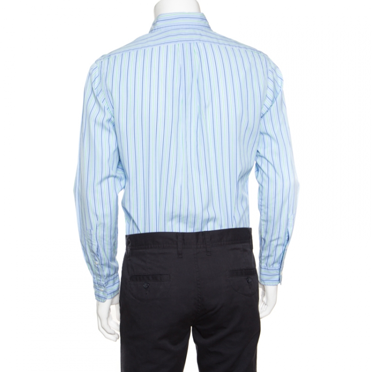 Pre Owned Ralph Lauren Blue Striped Cotton Long Sleeve Button Front Custom Fit Shirt M
