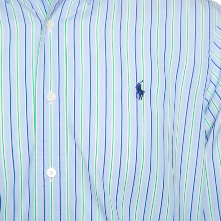 Pre Owned Ralph Lauren Blue Striped Cotton Long Sleeve Button Front Custom Fit Shirt M