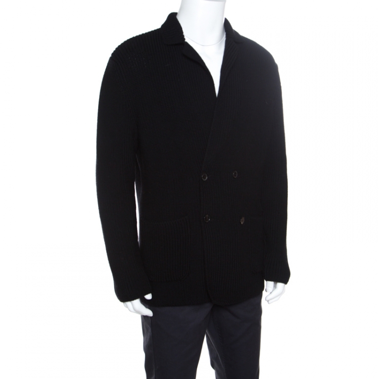 Pre Owned Ralph Lauren Black Rib Knit Merino Wool Double Breasted Cardigan L