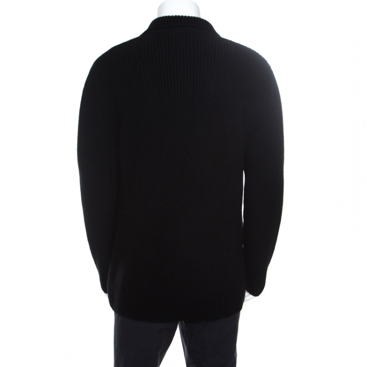Pre Owned Ralph Lauren Black Rib Knit Merino Wool Double Breasted Cardigan L