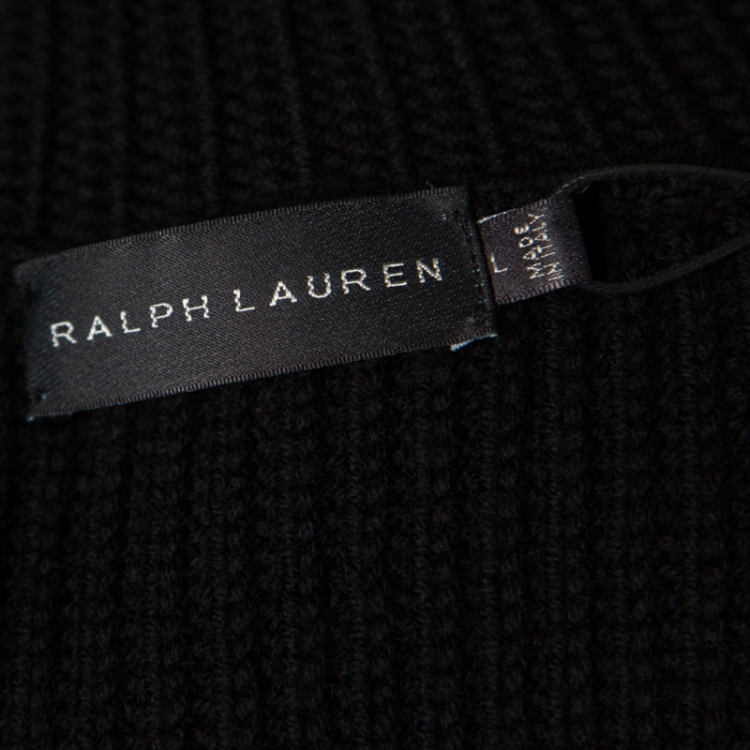 Pre Owned Ralph Lauren Black Rib Knit Merino Wool Double Breasted Cardigan L