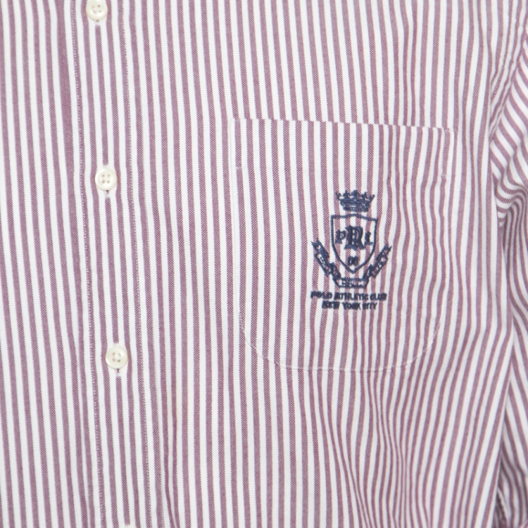 Pre Owned Ralph Lauren Burgundy Striped Crest Embroidered Detail Custom Fit Oxford Shirt XL