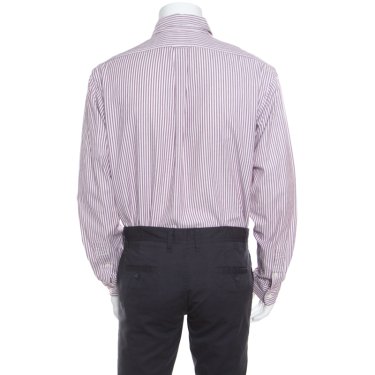 Pre Owned Ralph Lauren Burgundy Striped Crest Embroidered Detail Custom Fit Oxford Shirt XL