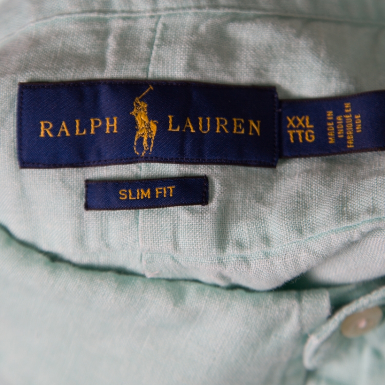 Pre Owned Ralph Lauren Mint Green Linen Logo Embroidered Slim Fit Button Down Shirt XXL