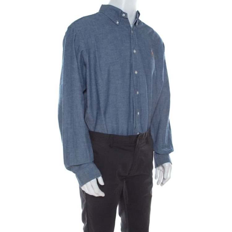 Pre Owned Ralph Lauren Blue Cotton Linen Blend Button Down Classic Fit Shirt XL 