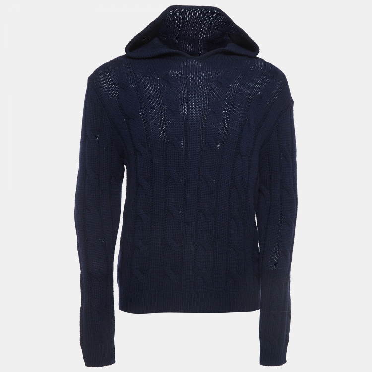مملوكة مسبقًا Ralph Lauren Navy Blue Patterned Cashmere Hooded Sweater L