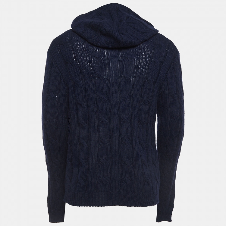 مملوكة مسبقًا Ralph Lauren Navy Blue Patterned Cashmere Hooded Sweater L