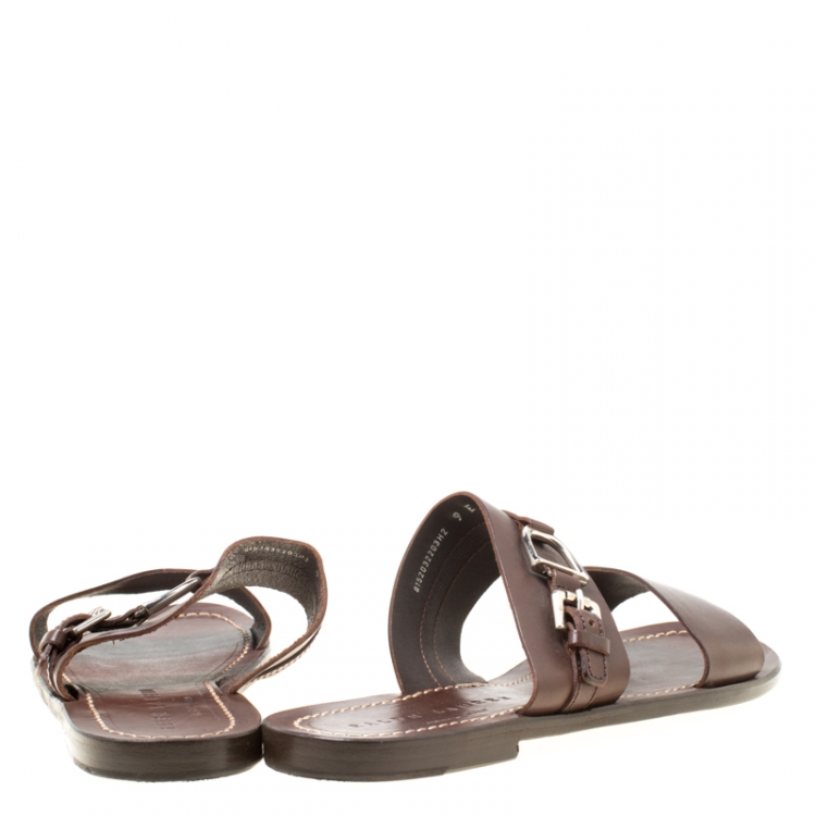 Pre Owned Ralph Lauren Brown Leather Buckle Detail Slides Size 42