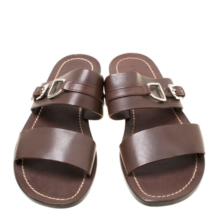 Pre Owned Ralph Lauren Brown Leather Buckle Detail Slides Size 42