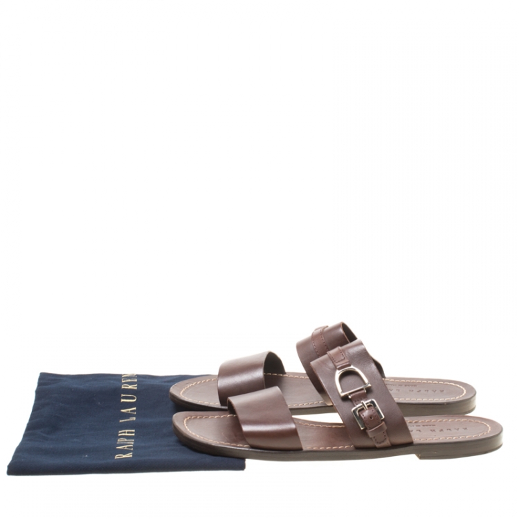 Pre Owned Ralph Lauren Brown Leather Buckle Detail Slides Size 42