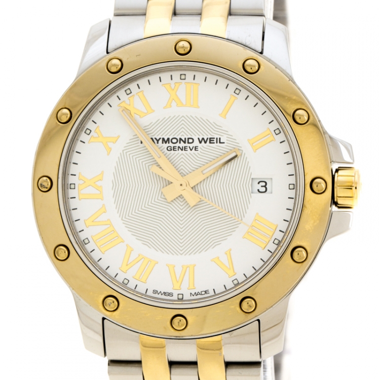 Pre Owned Raymond Weil White Dial Two-Tone Stainless Steel Tango 5599 Men's Wristwatch 39 mm