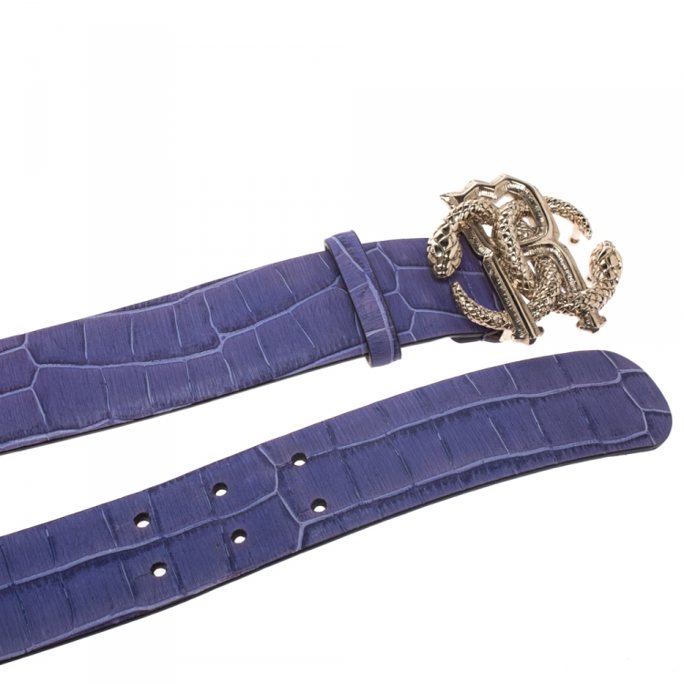 Pre Owned Roberto Cavalli Purple Croc Embossed Leather Logo Buckle Belt 100CM