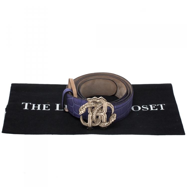 Pre Owned Roberto Cavalli Purple Croc Embossed Leather Logo Buckle Belt 100CM