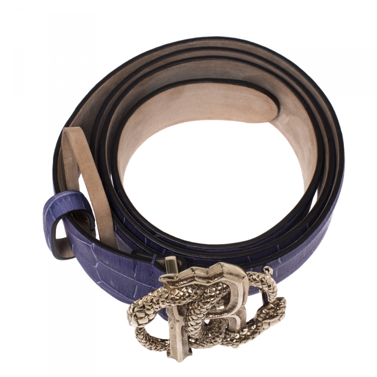 Pre Owned Roberto Cavalli Purple Croc Embossed Leather Logo Buckle Belt 100CM