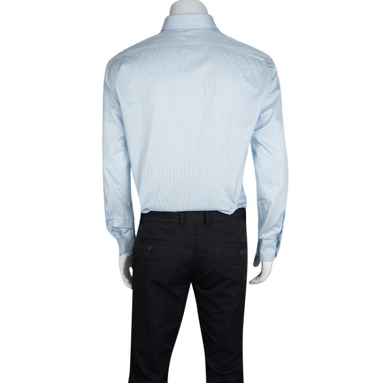 Pre Owned Roberto Cavalli Blue and White Striped Logo Embroidered Long Sleeve Button Front Shirt L