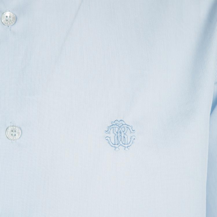 Pre Owned Roberto Cavalli Blue and White Striped Logo Embroidered Long Sleeve Button Front Shirt L