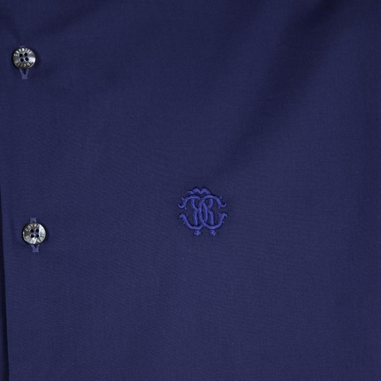 Pre Owned Roberto Cavalli Blue Cotton Logo Embroidered Long Sleeve Button Front Shirt XXL