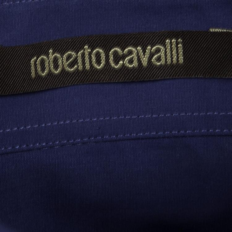Pre Owned Roberto Cavalli Blue Cotton Logo Embroidered Long Sleeve Button Front Shirt XXL