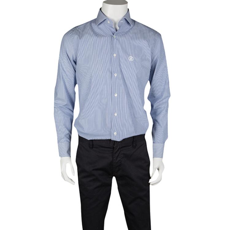 Pre Owned Roberto Cavalli Blue and White Striped Cotton Long Sleeve Slim Fit Shirt 4XL
