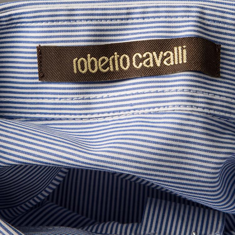 Pre Owned Roberto Cavalli Blue and White Striped Cotton Long Sleeve Slim Fit Shirt 4XL