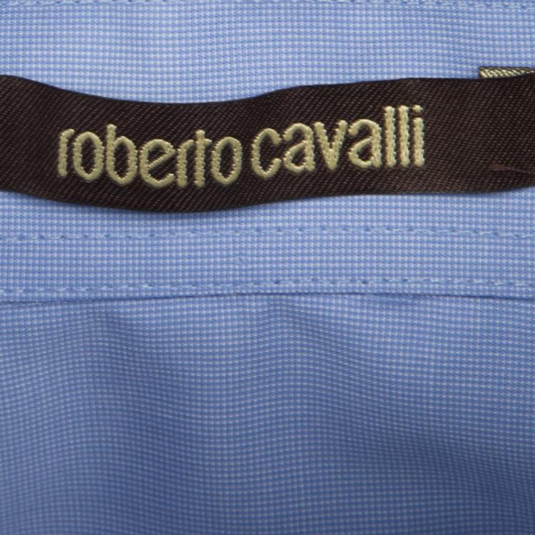 Pre Owned Roberto Cavalli Blue Cotton Logo Embroidered Long Sleeve Slim Fit Shirt XL
