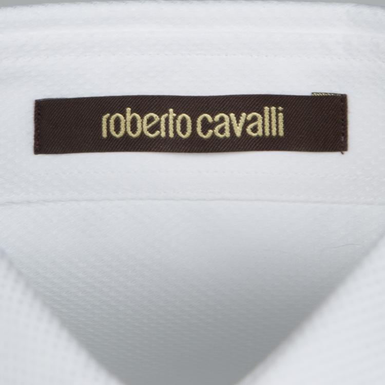 Pre Owned Roberto Cavalli White Cotton Jacquard Long Sleeve Regular Fit Shirt XL