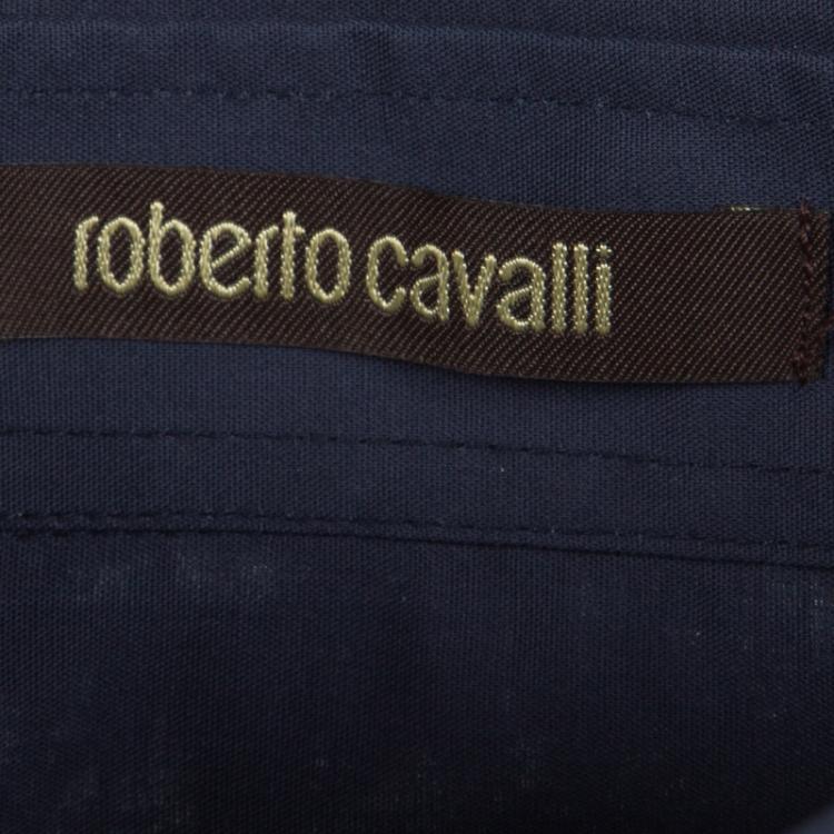 Pre Owned Roberto Cavalli Navy Blue Cotton Long Sleeve Button Front Slim Fit Shirt L