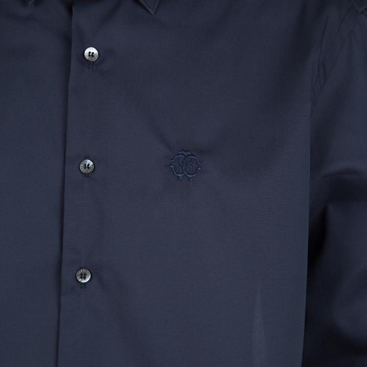 Pre Owned Roberto Cavalli Navy Blue Cotton Long Sleeve Button Front Slim Fit Shirt 3XL