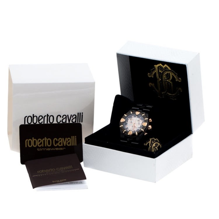 Pre Owned Roberto Cavalli Black PVD Coated Stainless Steel Diamond Time R7253616045 Chronograph Men's Wristwatch 41 mm