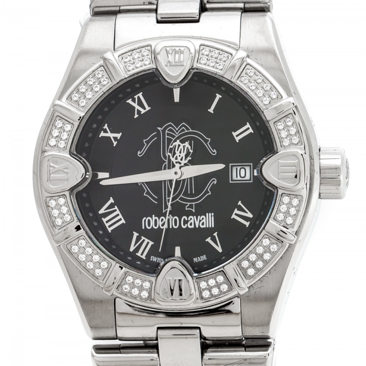 Pre Owned  Roberto Cavalli Black Stainless Steel Diamond Time R7253116525 Men's Wristwatch 41 mm