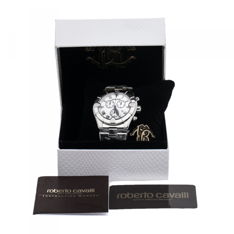 مملوكة مسبقًا Roberto Cavalli Silver Stainless Steel Diamond Time R7253616015 Chronograph Men's Wristwatch 45.50 mm