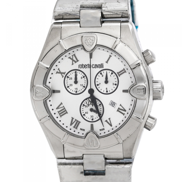 مملوكة مسبقًا Roberto Cavalli Silver Stainless Steel Diamond Time R7253616015 Chronograph Men's Wristwatch 45.50 mm