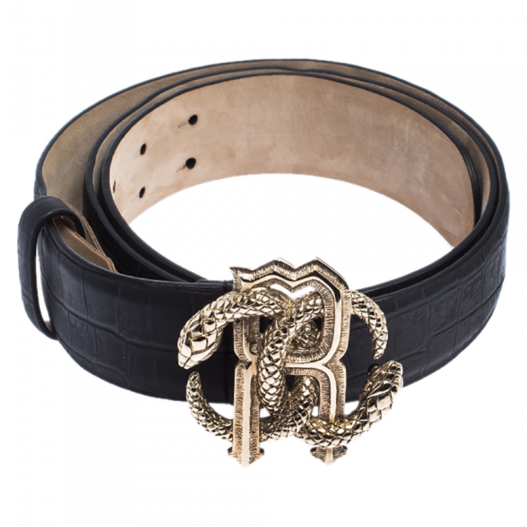 مملوكة مسبقًا Roberto Cavalli Black Croc Embossed Leather Logo Buckle Belt 100CM