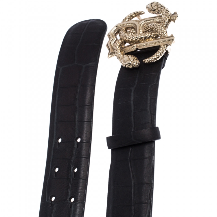 مملوكة مسبقًا Roberto Cavalli Black Croc Embossed Leather Logo Buckle Belt 100CM